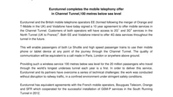Eurotunnel completes the mobile telephony offer  in Channel Tunnel,100 metres below sea level