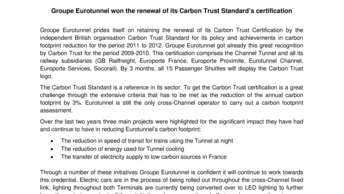 Groupe Eurotunnel won the renewal of its Carbon Trust Standard’s certification