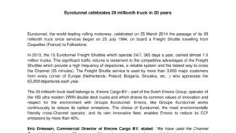 Eurotunnel celebrates 20 millionth truck in 20 years