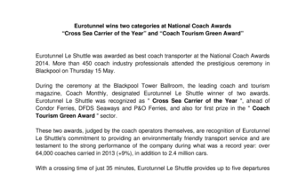 Eurotunnel wins two categories at National Coach Awards  “Cross Sea Carrier of the Year” and “Coach Tourism Green Award”