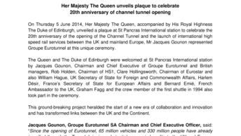 Her Majesty The Queen unveils plaque to celebrate  20th anniversary of channel tunnel opening