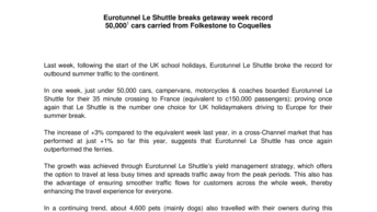 Eurotunnel Le Shuttle breaks getaway week record 50,0001 cars carried from Folkestone to Coquelles