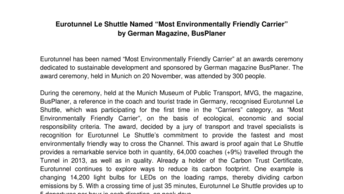 Eurotunnel Le Shuttle Named “Most Environmentally Friendly Carrier” by German Magazine, BusPlaner
