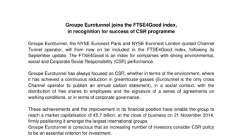 Groupe Eurotunnel joins the FTSE4Good index,  in recognition for success of CSR programme