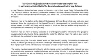 Eurotunnel inaugurates new Education Shelter at Samphire Hoe  in partnership with the Up On The Downs Landscape Partnership Scheme