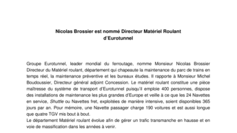 Nicolas Brossier est nommé Directeur Matériel Roulant  d’Eurotunnel