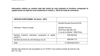 Information relative au nombre total des droits de vote existants et d’actions composant le capital social à la date de l’avis mentionné à l’article L. 233-8 du Code de commerce