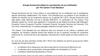 Groupe Eurotunnel obtient la reconduction de sa certification  par The Carbon Trust Standard