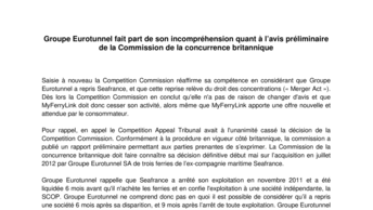 Groupe Eurotunnel fait part de son incompréhension quant à l’avis préliminaire de la Commission de la concurrence britannique