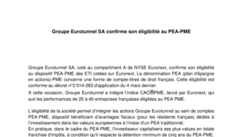 Groupe Eurotunnel SA confirme son éligibilité au PEA-PME