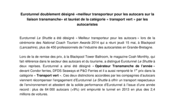 Eurotunnel doublement désigné «meilleur transporteur pour les autocars sur la liaison transmanche» et lauréat de la catégorie « transport vert » par les autocaristes