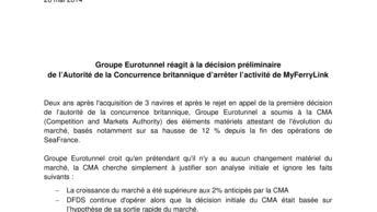 Groupe Eurotunnel réagit à la décision préliminaire  de l’Autorité de la Concurrence britannique d’arrêter l’activité de MyFerryLink