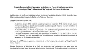 Groupe Eurotunnel juge aberrante la décision de l’autorité de la concurrence britannique (CMA1) d’interdire à MyFerryLink d’accoster à Douvres