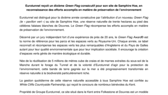 Eurotunnel reçoit un dixième Green Flag consécutif pour son site de Samphire Hoe, en reconnaissance des efforts accomplis en matière de préservation de l’environnement