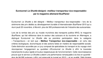 Eurotunnel Le Shuttle désigné «meilleur transporteur éco-responsable» par le magazine allemand BusPlaner