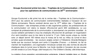 Groupe Eurotunnel primé lors des « Trophées de la Communication » 2014 pour les opérations de communication du 20ème anniversaire