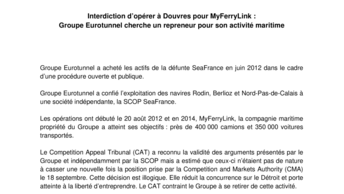Interdiction d’opérer à Douvres pour MyFerryLink :  Groupe Eurotunnel cherche un repreneur pour son activité maritime