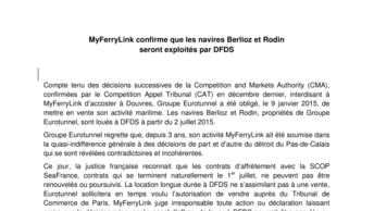 MyFerryLink confirme que les navires Berlioz et Rodin  seront exploités par DFDS