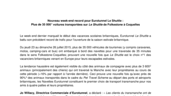 Nouveau week-end record pour Eurotunnel Le Shuttle :  Plus de 35 0001 voitures transportées sur Le Shuttle de Folkestone à Coquelles