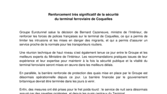 Renforcement très significatif de la sécurité  du terminal ferroviaire de Coquelles