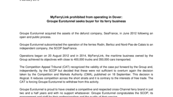 MyFerryLink prohibited from operating in Dover:  Groupe Eurotunnel seeks buyer for its ferry business