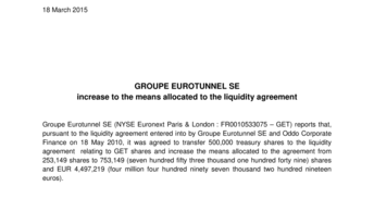 GROUPE EUROTUNNEL SE  increase to the means allocated to the liquidity agreement