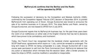 MyFerryLink confirms that the Berlioz and the Rodin  will be operated by DFDS