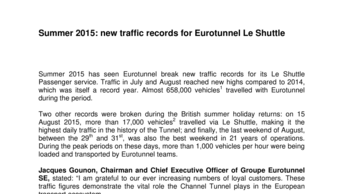 Summer 2015: new traffic records for Eurotunnel Le Shuttle
