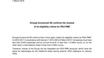 Groupe Eurotunnel SE confirms the renewal  of its eligibility criteria for PEA-PME