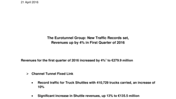 The Eurotunnel Group: New Traffic Records set,  Revenues up by 4% in First Quarter of 2016