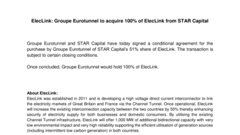 ElecLink: Groupe Eurotunnel to acquire 100% of ElecLink from STAR Capital