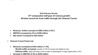 2016 Half-year Results: 13th consecutive half-year of revenue growth - All-time record for truck traffic through the Channel Tunnel