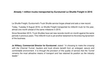 Already 1 million trucks transported by Eurotunnel Le Shuttle Freight in 2016