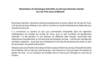 Nomination de Dominique Schmitlin en tant que Directeur Sûreté du Lien Fixe sous la Manche