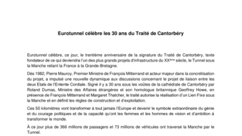 Eurotunnel célèbre les 30 ans du Traité de Cantorbéry