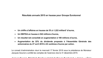 Résultats annuels 2015 en hausse pour Groupe Eurotunnel