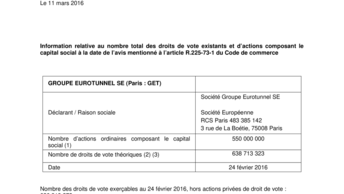 Information relative au nombre total des droits de vote existants et d’actions composant le capital social à la date de l’avis mentionné à l’article R.225-73-1 du Code de commerce