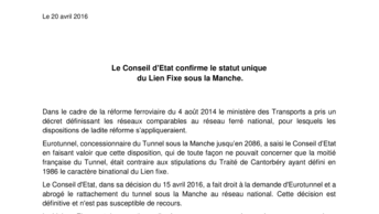 Le Conseil d'Etat confirme le statut unique  du Lien Fixe sous la Manche.