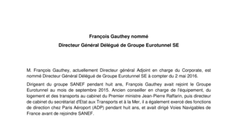 François Gauthey nommé  Directeur Général Délégué de Groupe Eurotunnel SE