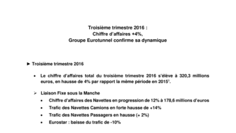 Troisième trimestre 2016 :  Chiffre d’affaires +4%,  Groupe Eurotunnel confirme sa dynamique