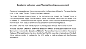 Eurotunnel welcomes Lower Thames Crossing announcement