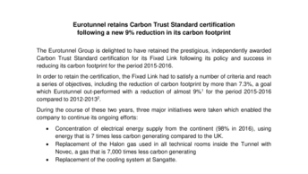 Eurotunnel retains Carbon Trust Standard certification  following a new 9% reduction in its carbon footprint