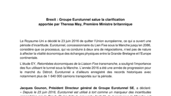 Brexit : Groupe Eurotunnel salue la clarification  apportée par Theresa May, Première Ministre britannique