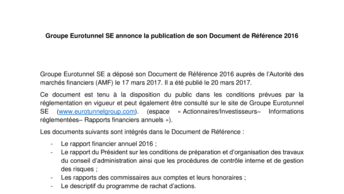 Groupe Eurotunnel SE annonce la publication de son Document de Référence 2016