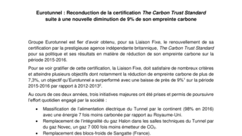 Eurotunnel : Reconduction de la certification The Carbon Trust Standard suite à une nouvelle diminution de 9% de son empreinte carbone