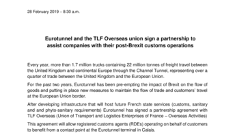 Eurotunnel and the TLF Overseas union sign a partnership to assist companies with their post-Brexit customs operations