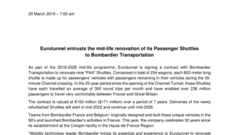 Eurotunnel entrusts the mid-life renovation of its Passenger Shuttles to Bombardier Transportation