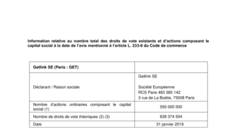 Information relative au nombre total des droits de vote existants et d’actions composant le capital social à la date de l’avis mentionné à l’article L. 233-8 du Code de commerce