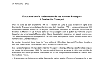 Eurotunnel confie la rénovation de ses Navettes Passagers  à Bombardier Transport