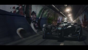A Formula e through the service tunnel